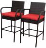 Outdoor 2 Pcs All Weather Patio Furniture Set Brown Wicker Barstool with Cushions, Back Support and Armrest