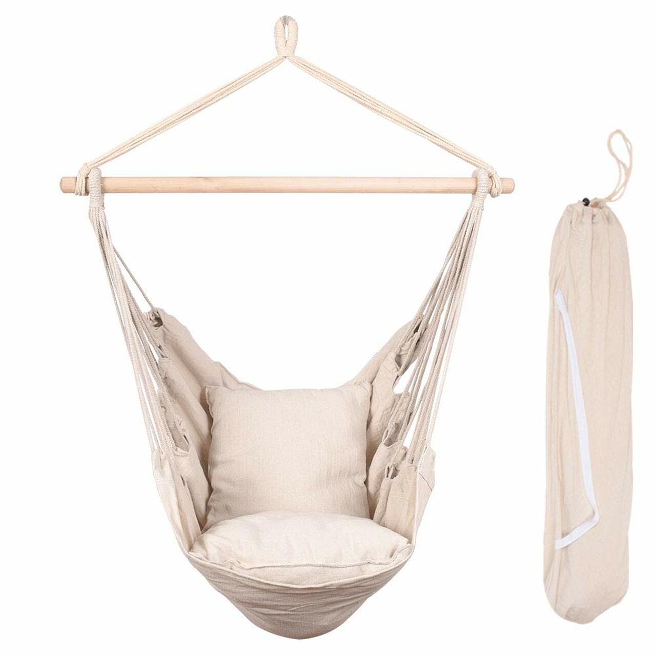 Hammocks Hanging Rope Hammock Chair Swing Seat with Two Seat Cushions and Carrying Bag, Weight Capacity 300 Lbs, Natural