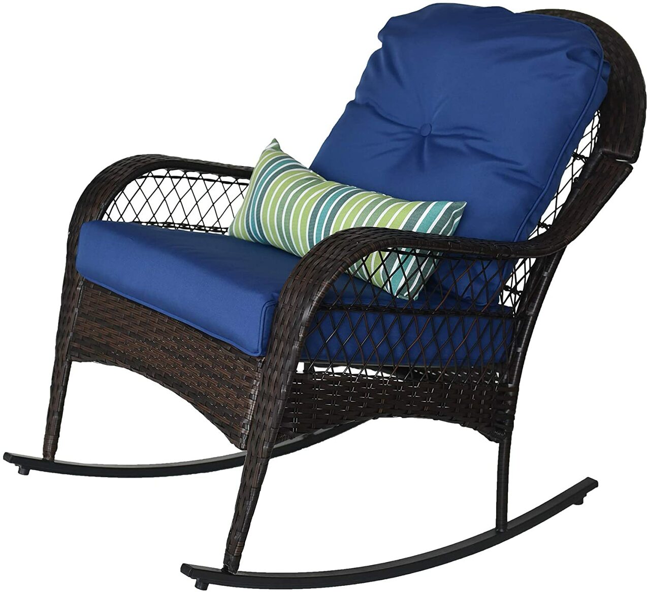 Outdoor Wicker Rocking Chair Rattan Outdoor Patio Yard Furniture All- Weather with Cushions & Lumbar Pillow (Navy)