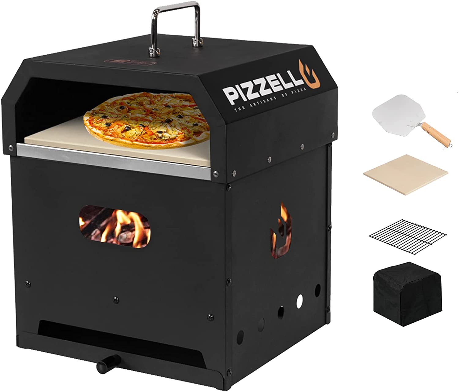 PIZZELLO 4 in 1 Outdoor Pizza Oven Wood Fired 2-Layer Detachable Outside Ovens With Pizza Stone, Pizza Peel, Cover , Cooking Grill Grate