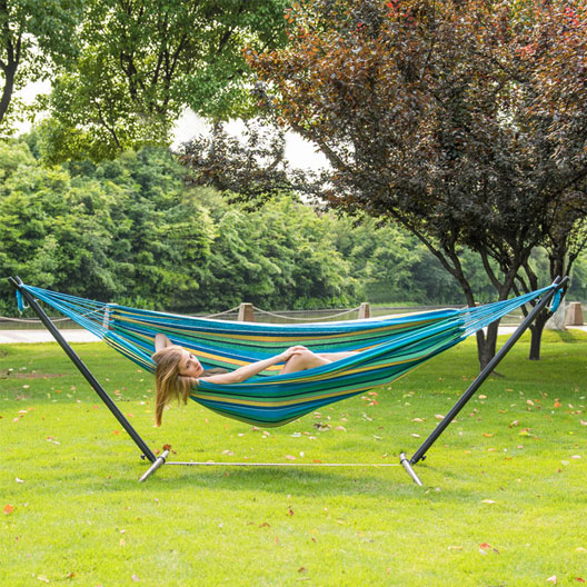 Brazilian-Style Double Canvas Hammock with 9FT Space Saving Steel Stand Includes Portable Carrying Bag and Head Pillow