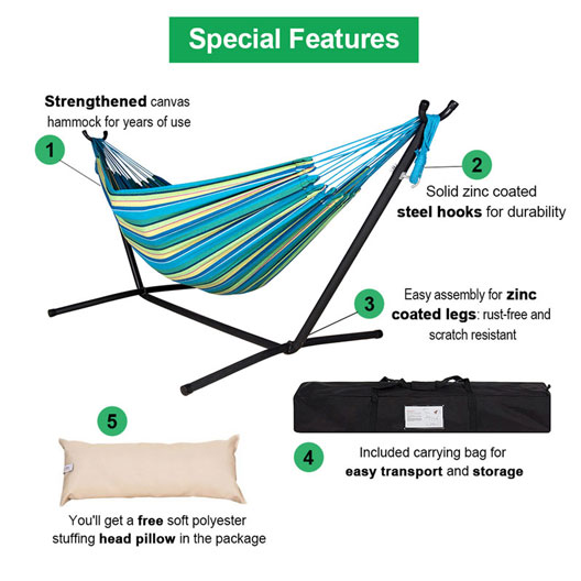 Brazilian-Style Double Canvas Hammock with 9FT Space Saving Steel Stand Includes Portable Carrying Bag and Head Pillow