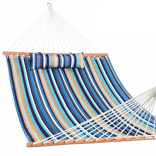 Good-Quality Outdoor Two Person Beaches Stripe Hammock Quilted Fabric with Pillow for Garden Patio Courtyard