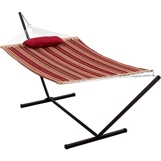 Hammocks 12 Ft Steel Hammock Stand with Quilted Fabric Hammock Combo and Pillow, Red&Brown Stripe