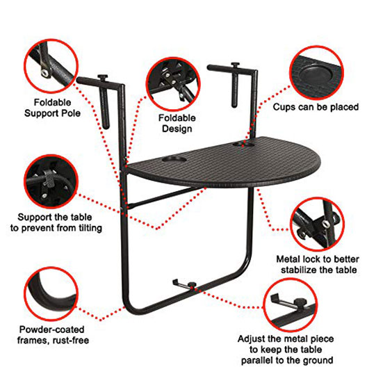 Patio, Garden, Deck, Outdoor Folding Hanging Table Adjustable Balcony Railing Table