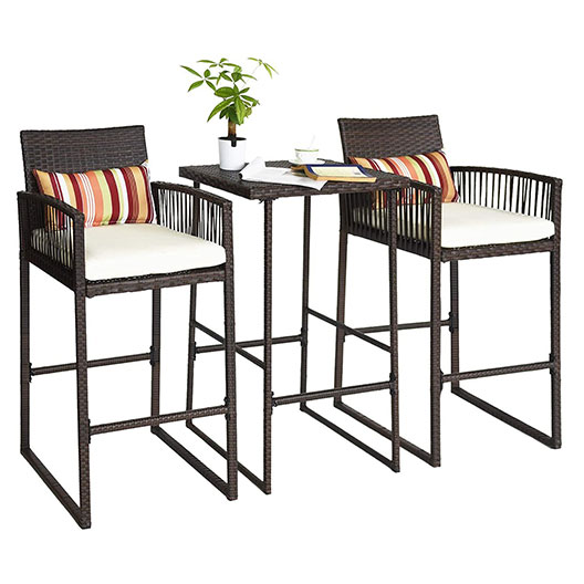 Outdoor 3-Piece Wicker Bar Stools & Bar Table Set, Rattan Patio Furniture Sets, 2 Stools & 1 Table