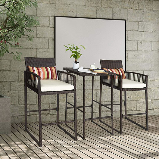 Outdoor 3-Piece Wicker Bar Stools & Bar Table Set, Rattan Patio Furniture Sets, 2 Stools & 1 Table