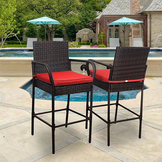 Outdoor 2 Pcs All Weather Patio Furniture Set Brown Wicker Barstool with Cushions, Back Support and Armrest