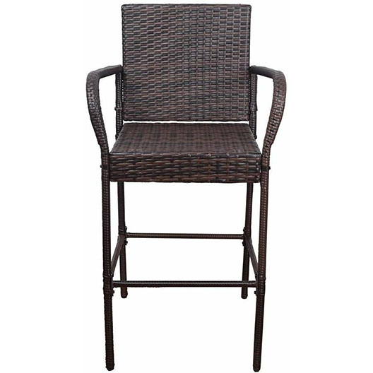 Outdoor 2 Pcs All Weather Patio Furniture Set Brown Wicker Barstool with Cushions, Back Support and Armrest