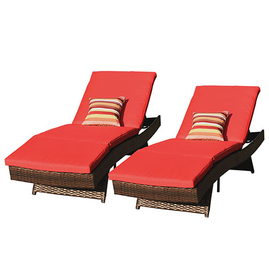 Outdoor 2PCS Deluxe Patio Adjustable Wicker Chaise Lounge Set with Cushions and 2 Throw Pillows