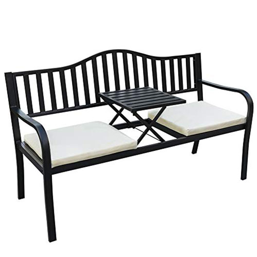 Deluxe Cast Iron Steel Frame Patio Park Garden Bench Chair with Middle Table for Two Person