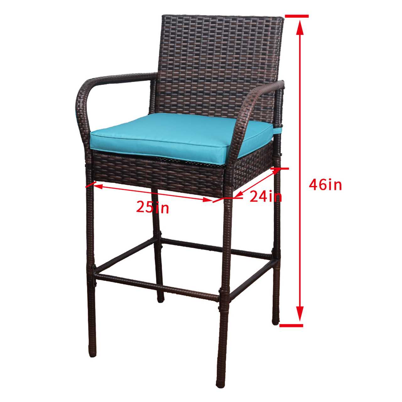 Outdoor 2 Pcs All Weather Patio Furniture Set Brown Wicker Barstool with Cushions, Back Support and Armrest (Blue)