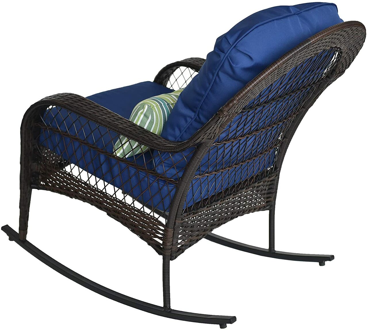 Outdoor Wicker Rocking Chair Rattan Outdoor Patio Yard Furniture All- Weather with Cushions & Lumbar Pillow (Navy)