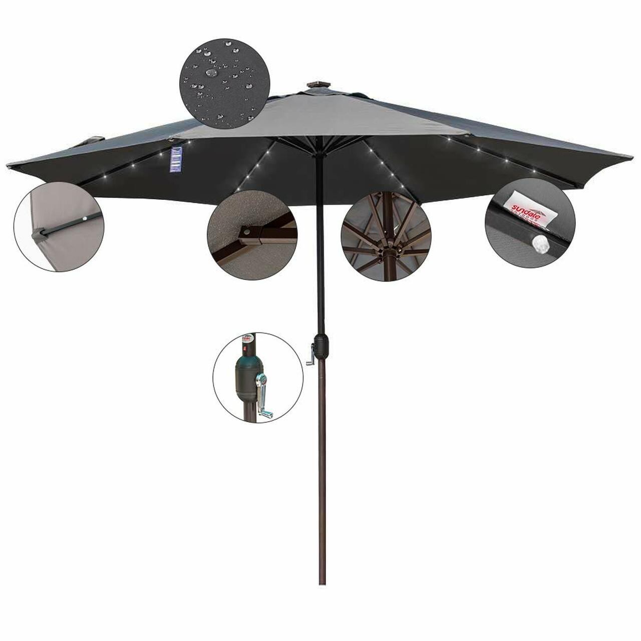 Outdoor 11FT 40 LED Lights Aluminum Patio Market Umbrella with Crank, Garden Pool Solar Powered Lighted Parasol, No Tilt (Gray)