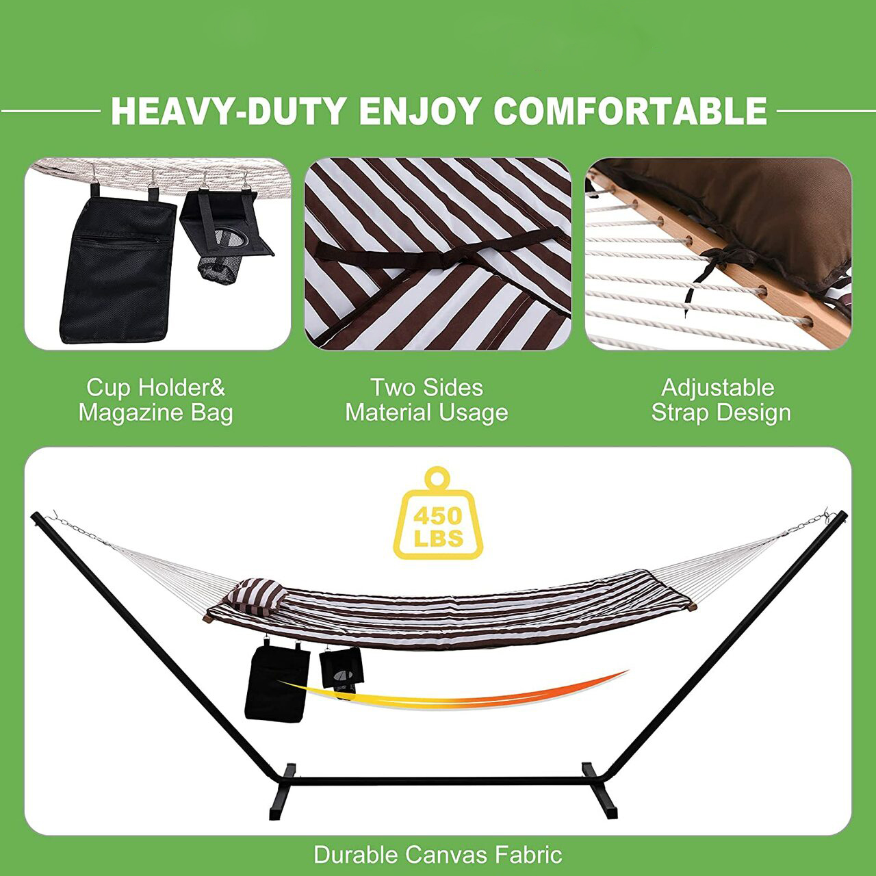 Hammocks 12 Feet Steel Stand with Rope Hammock Combo, Quilted Polyester Pad and Pillow, Brown/White Stripe