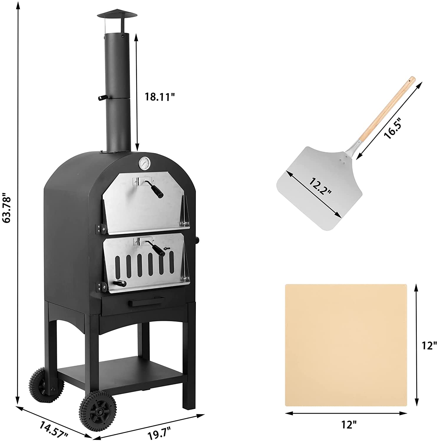 Outdoor Pizza Oven, Wood Fired Pizza Oven for Outside, Pizza Maker Camping Cooker with 4 Steel Pizza Grill, 2 Removable Wheels, 12