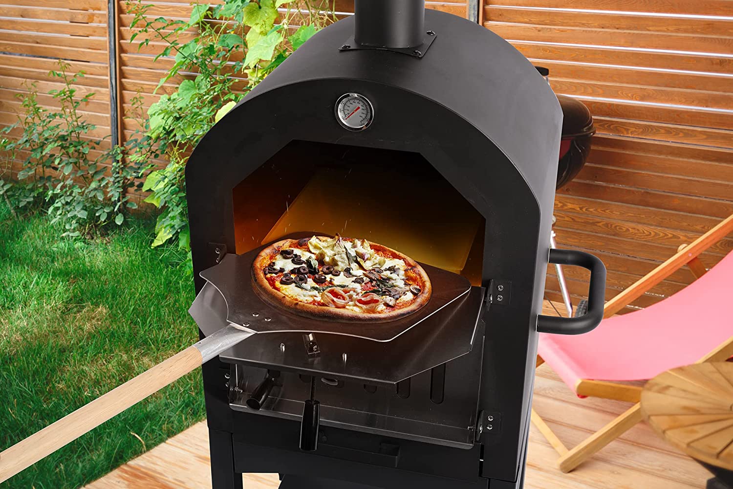 Outdoor Pizza Oven, Wood Fired Pizza Oven for Outside, Pizza Maker Camping Cooker with 4 Steel Pizza Grill, 2 Removable Wheels, 12